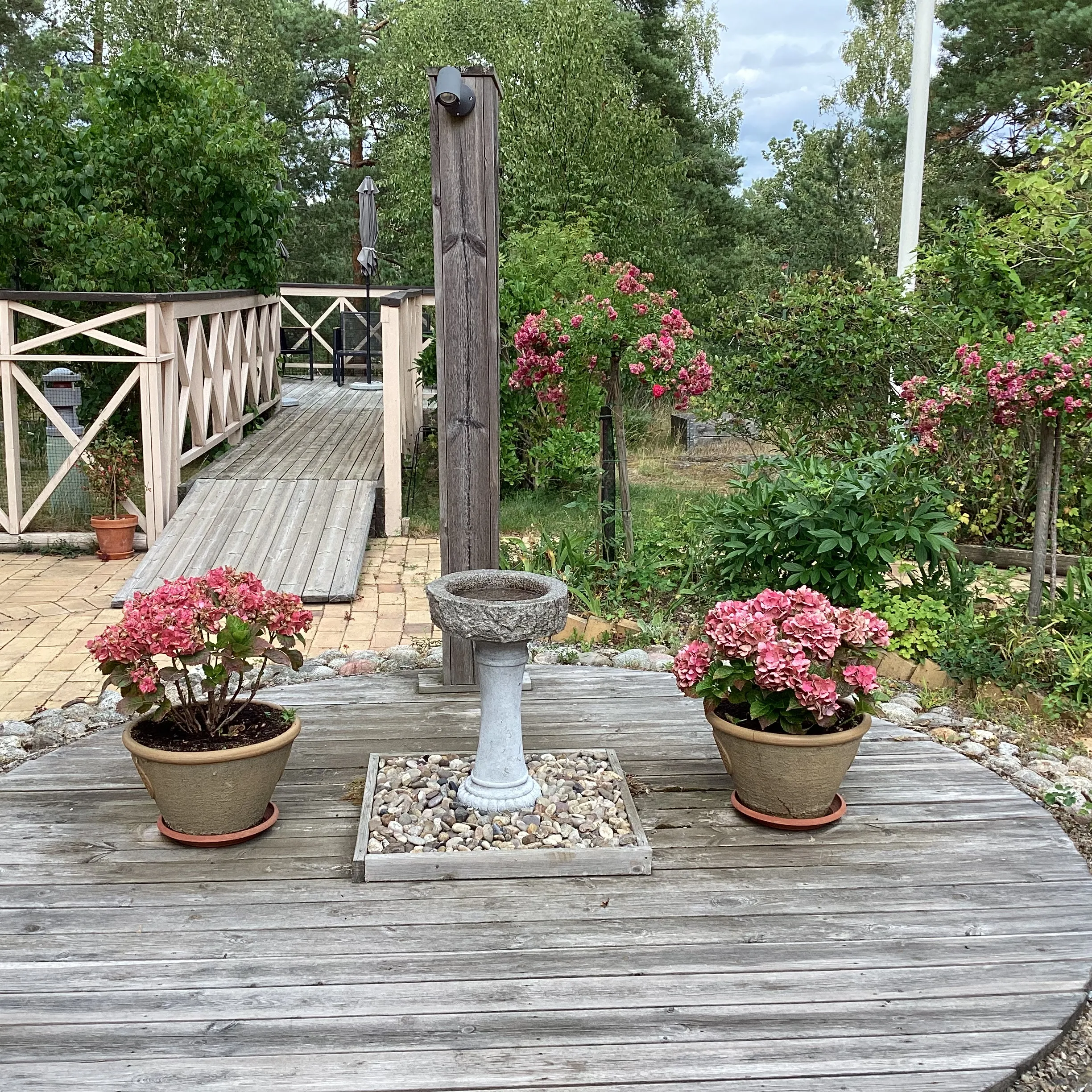 Gemensam uteplats med träterrass, blommor och fågelbad